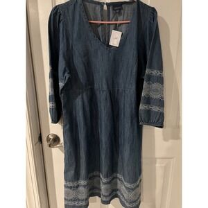 J‎ Jill Embroidered Denim Dress Blue 3/4 Sleeve Casual Boho Chic Sz Small